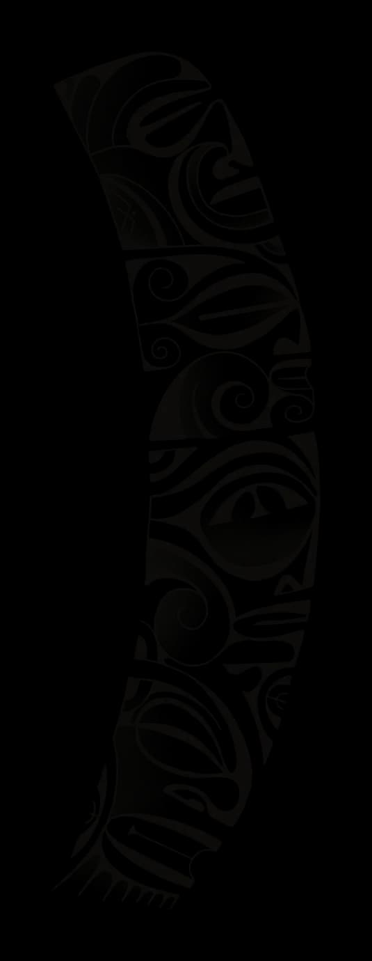Vertical arm band with stylised tiki faces, spirals and shading, drawing by Leo Martínez.