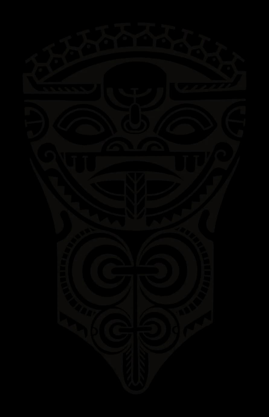 Marquesan-style tiki face with the tongue out and, below it, a block of concentric eyes, drawing by Leo Martínez.