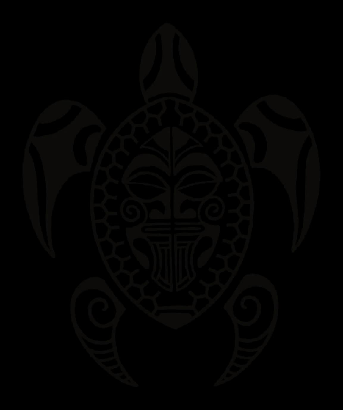 Polynesian turtle with a tiki face inside the shell, a patterned rim and spiral rear flippers, drawing by Leo Martínez.