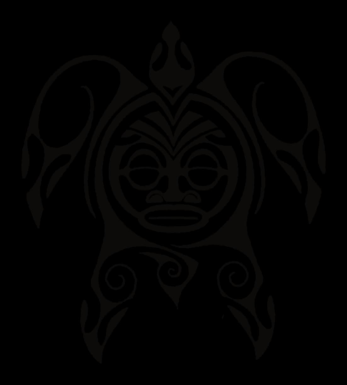 Turtle with a large round-eyed tiki face filling the shell and spirals on the rear flippers, drawing by Leo Martínez.