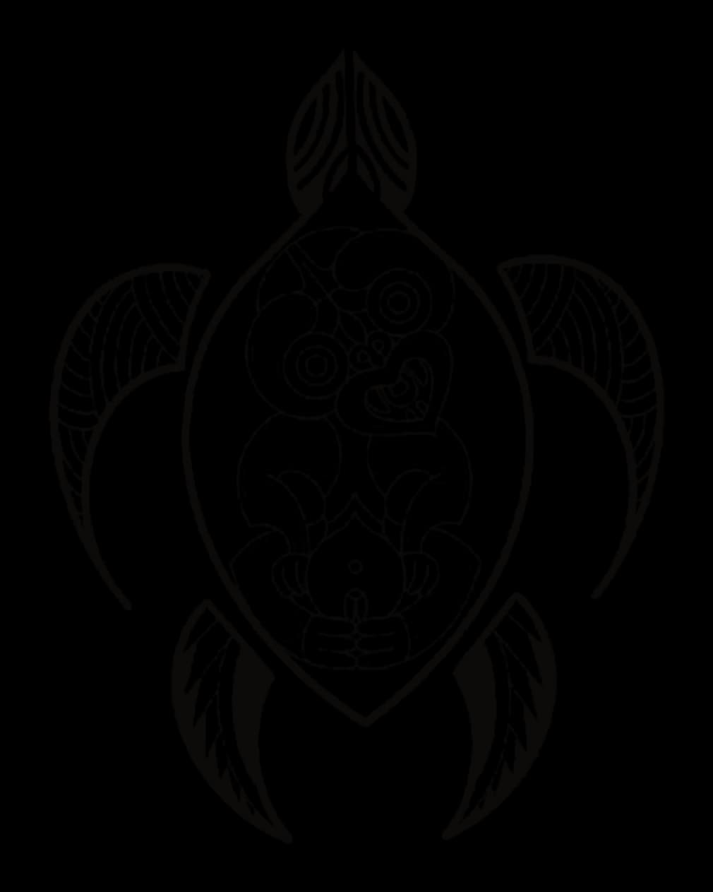 Fine-line turtle with a Māori hei tiki figure inside the shell, drawing by Leo Martínez.
