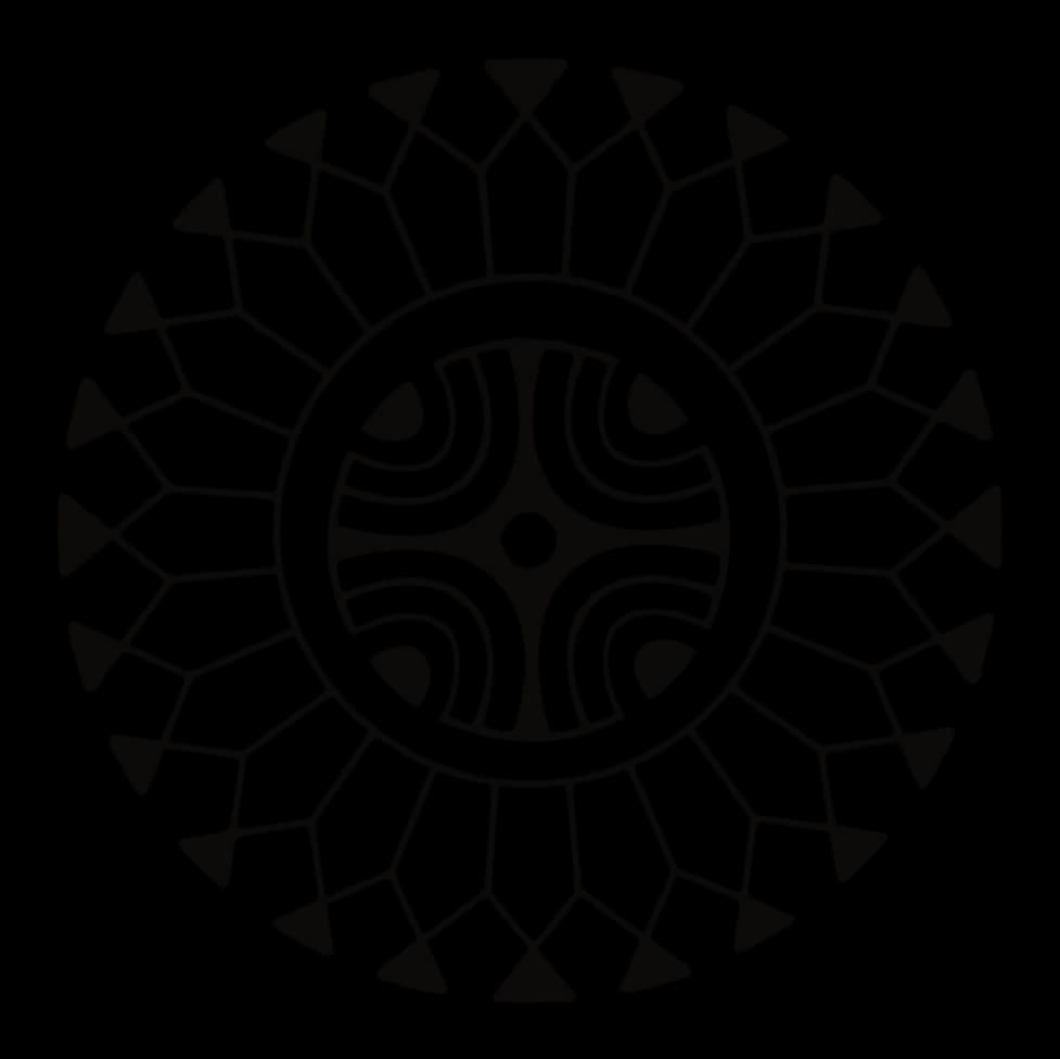 Double-crowned sun with triangle-tipped spokes and a four-armed core, drawing by Leo Martínez.