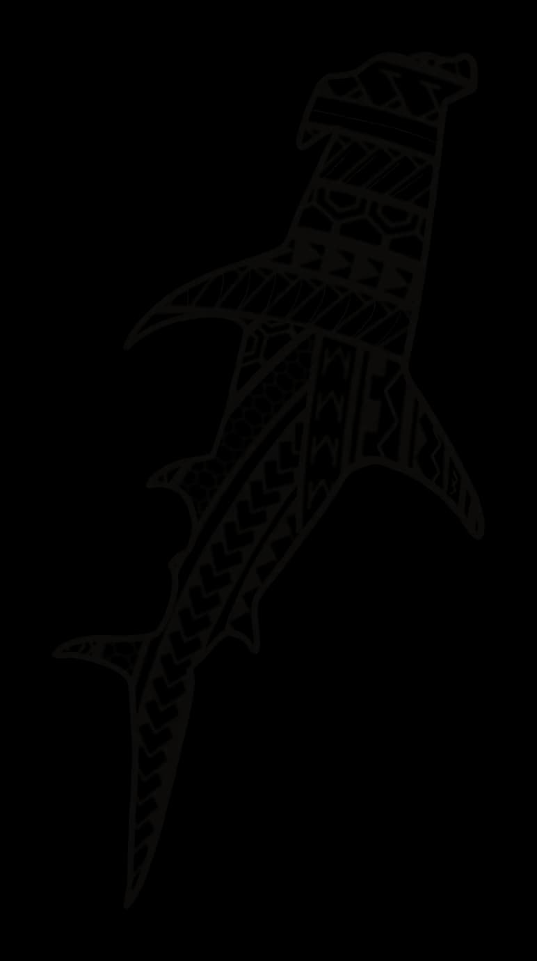 Tiburón martillo de aletas abiertas relleno de bandas de chevrones y hexágonos, dibujo de Leo Martínez.