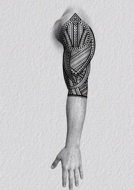 Diseño de tatuaje polinesio disponible para reservar tribal polinesio con bandas geométricas, dibujado por Leo Martínez en Koru Tatau · A Sailor's Grave Tattoo Barcelona, Granollers.