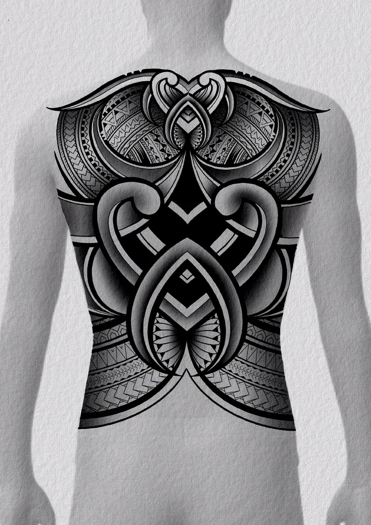 Diseño de tatuaje polinesio disponible para reservar de estilo polinesio con simbología marina, dibujado por Leo Martínez en Koru Tatau · A Sailor's Grave Tattoo Barcelona, Granollers.