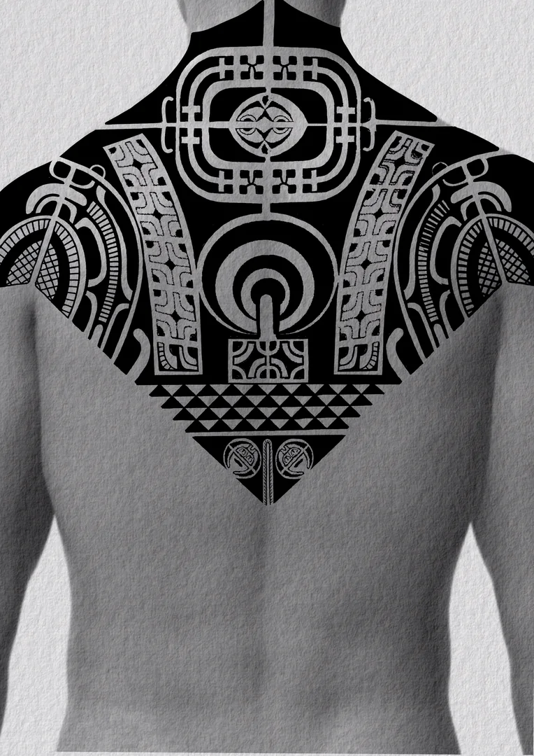 Diseño de tatuaje polinesio disponible para reservar polinesio con hibisco y creciente lunar, dibujado por Leo Martínez en Koru Tatau · A Sailor's Grave Tattoo Barcelona, Granollers.
