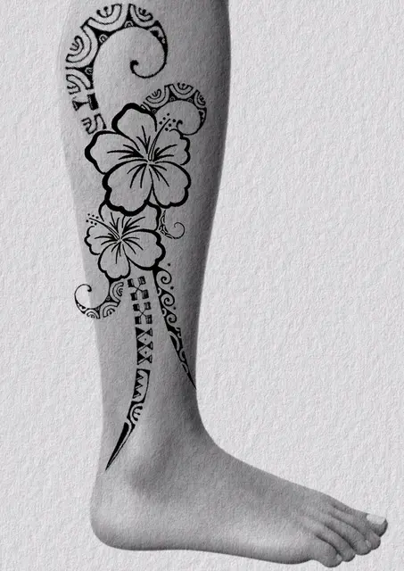 Diseño de tatuaje polinesio disponible para reservar con motivos maoríes y espirales koru, dibujado por Leo Martínez en Koru Tatau · A Sailor's Grave Tattoo Barcelona, Granollers.