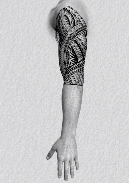 Diseño de tatuaje polinesio disponible para reservar tribal polinesio con bandas geométricas, dibujado por Leo Martínez en Koru Tatau · A Sailor's Grave Tattoo Barcelona, Granollers.
