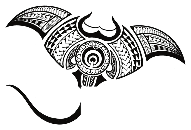 Mantarraya de alas anchas con espiral central y cola larga en curva, dibujo de Leo Martínez.