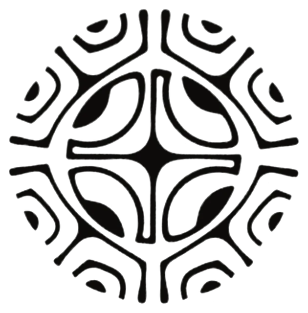 Marquesan sun with broad linework and a cross-shaped core, drawing by Leo Martínez.