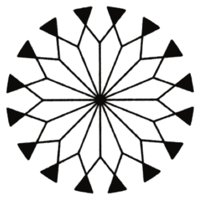 Sun with fine fanned spokes and a serrated rim, drawing by Leo Martínez.
