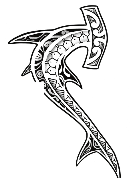 Tiburón martillo de gran formato en curva, con el cuerpo relleno de hexágonos y espirales, dibujo de Leo Martínez.