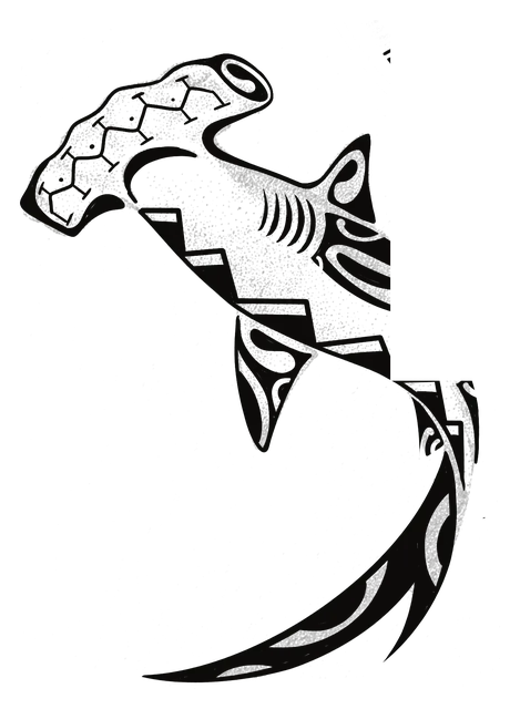 Tiburón martillo compacto con sombreado punteado y cola en zigzag, dibujo de Leo Martínez.