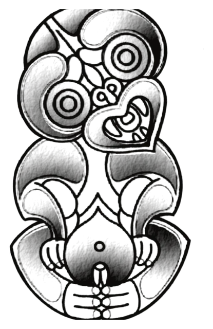 Māori hei tiki figure with rounded linework and soft shading, drawing by Leo Martínez.