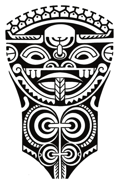 Large-format Marquesan tiki mask with pronounced teeth and diamond-shaped eyes, drawing by Leo Martínez.