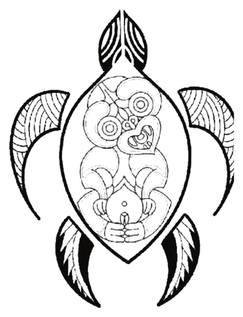 Tortuga de línea fina con una figura hei tiki dentro del caparazón, dibujo de Leo Martínez.