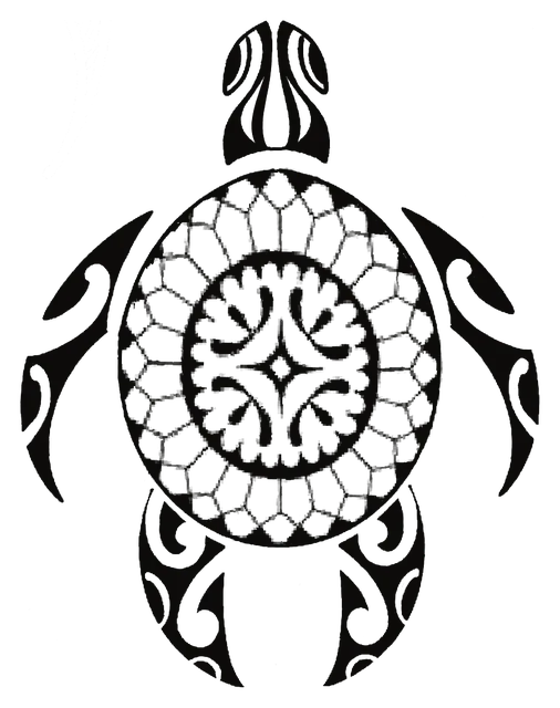Tortuga de trama hexagonal con espirales māori en las aletas, dibujo de Leo Martínez.